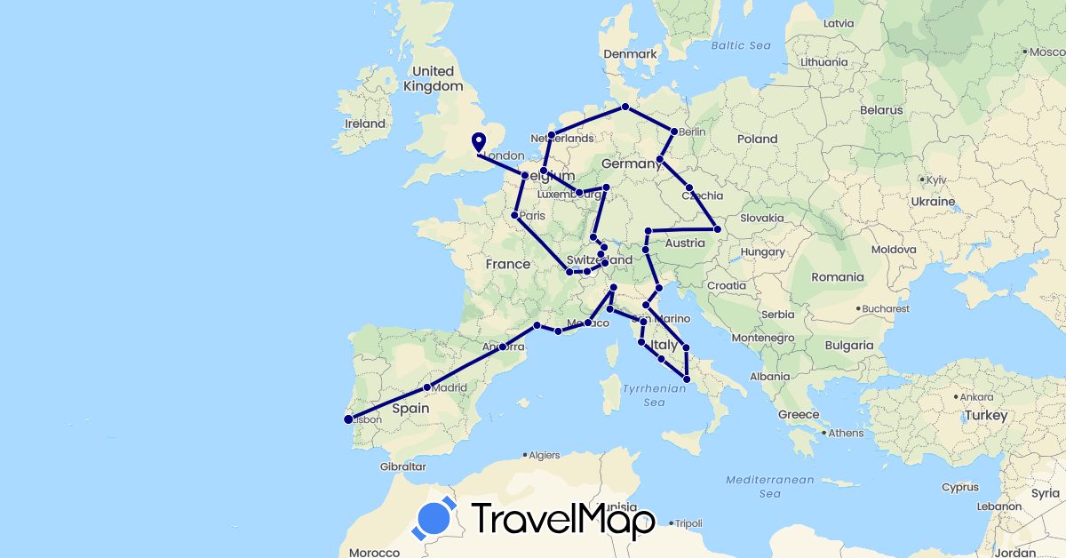 TravelMap itinerary: driving in Andorra, Austria, Belgium, Switzerland, Czech Republic, Germany, Spain, France, United Kingdom, Italy, Monaco, Netherlands, Portugal (Europe)