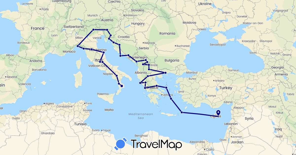 TravelMap itinerary: driving in Albania, Bosnia and Herzegovina, Cyprus, Greece, Croatia, Italy, Montenegro, Macedonia, Slovenia, Kosovo (Asia, Europe)