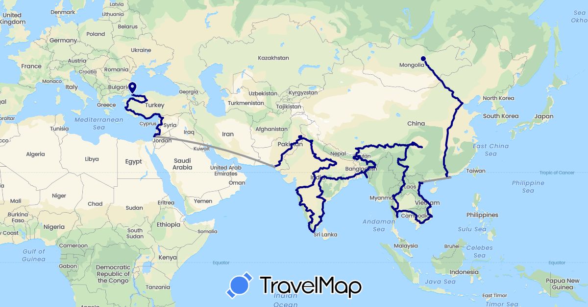 TravelMap itinerary: driving, plane in Bangladesh, Bhutan, China, Israel, India, Cambodia, Lebanon, Mongolia, Pakistan, Syria, Thailand, Turkey, Vietnam (Asia)
